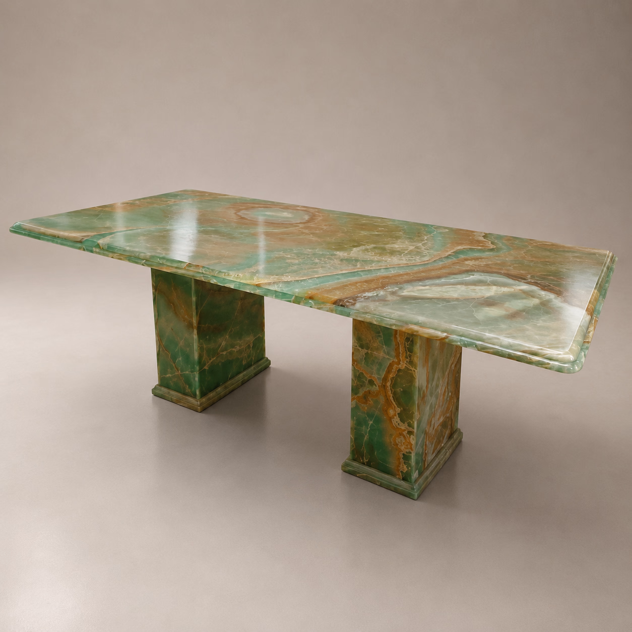 Onyx Green Stone Dining Table - Handcrafted Double Base Polished Finish