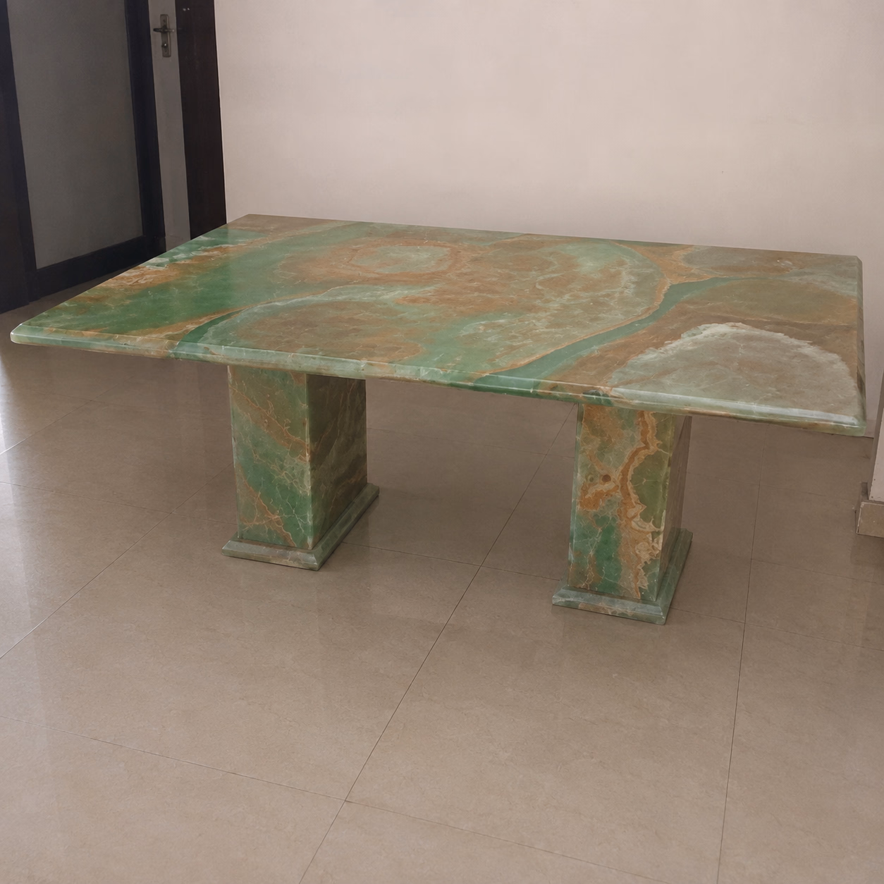 Onyx Green Stone Dining Table - Handcrafted Double Base Polished Finish — view 2