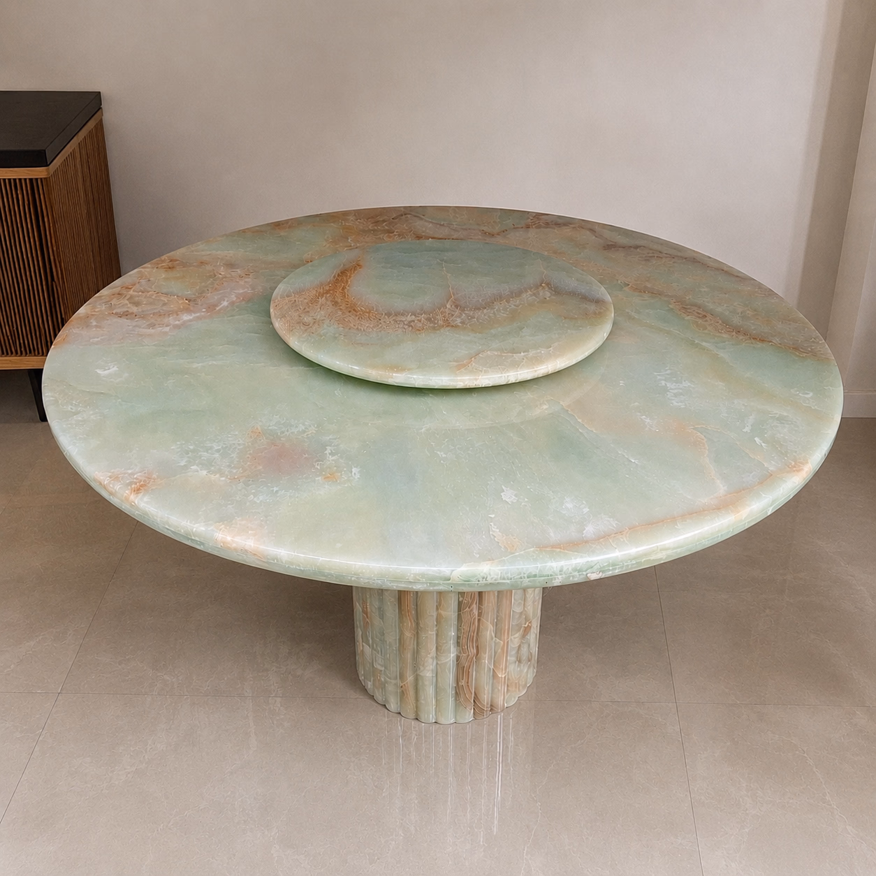Onyx Green Stone Dining Table - Handcrafted Pedestal Polished Finish