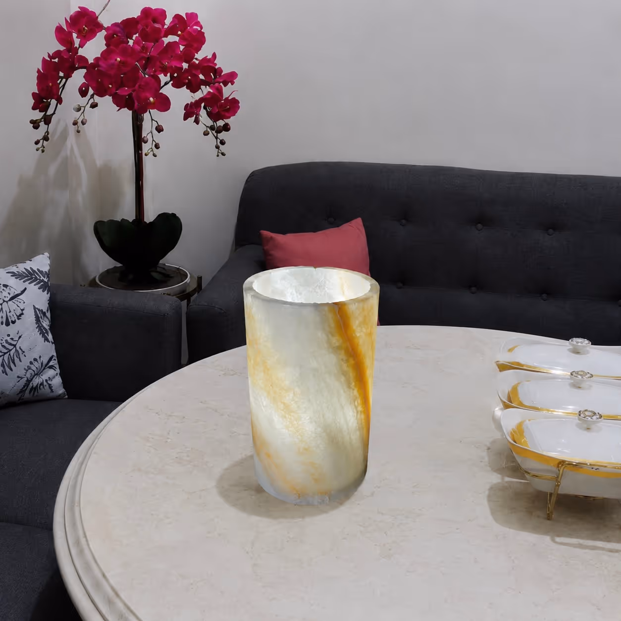 Onyx Stone Table Lamp - Handcrafted Cylindrical — view 4