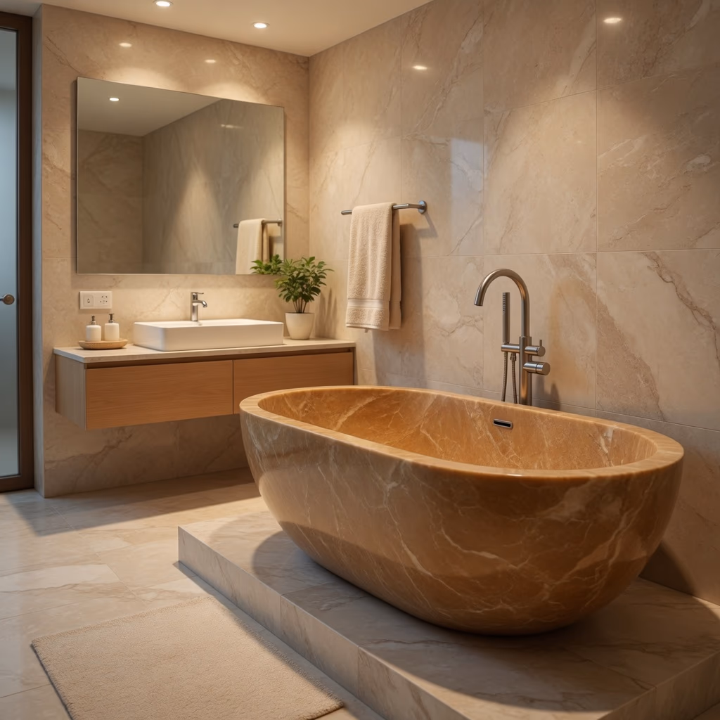 Natural stone bathtub for luxury bathroom — handcrafted Indonesian stone by Watu Jagad